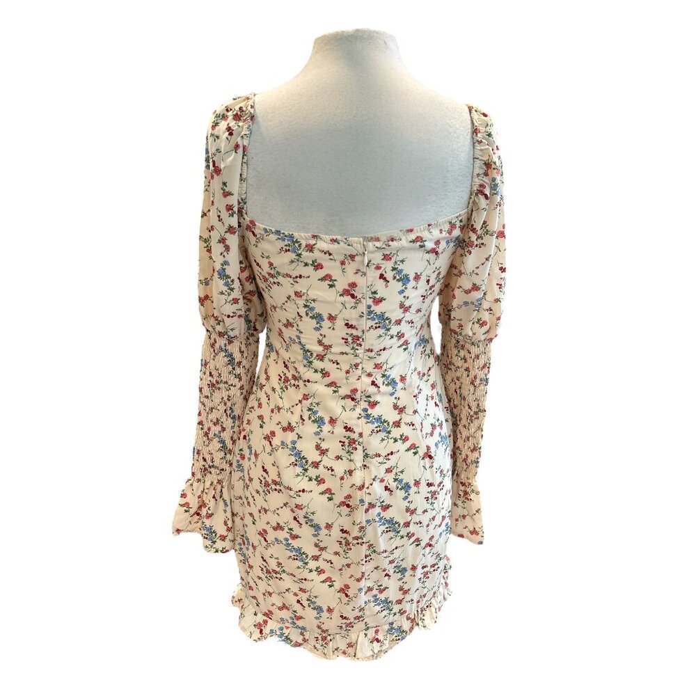Native Daughters Cream Floral Mini Dress | Cottagecore Puff Sleeve Smocked Cuffs - Picture 3 of 8
